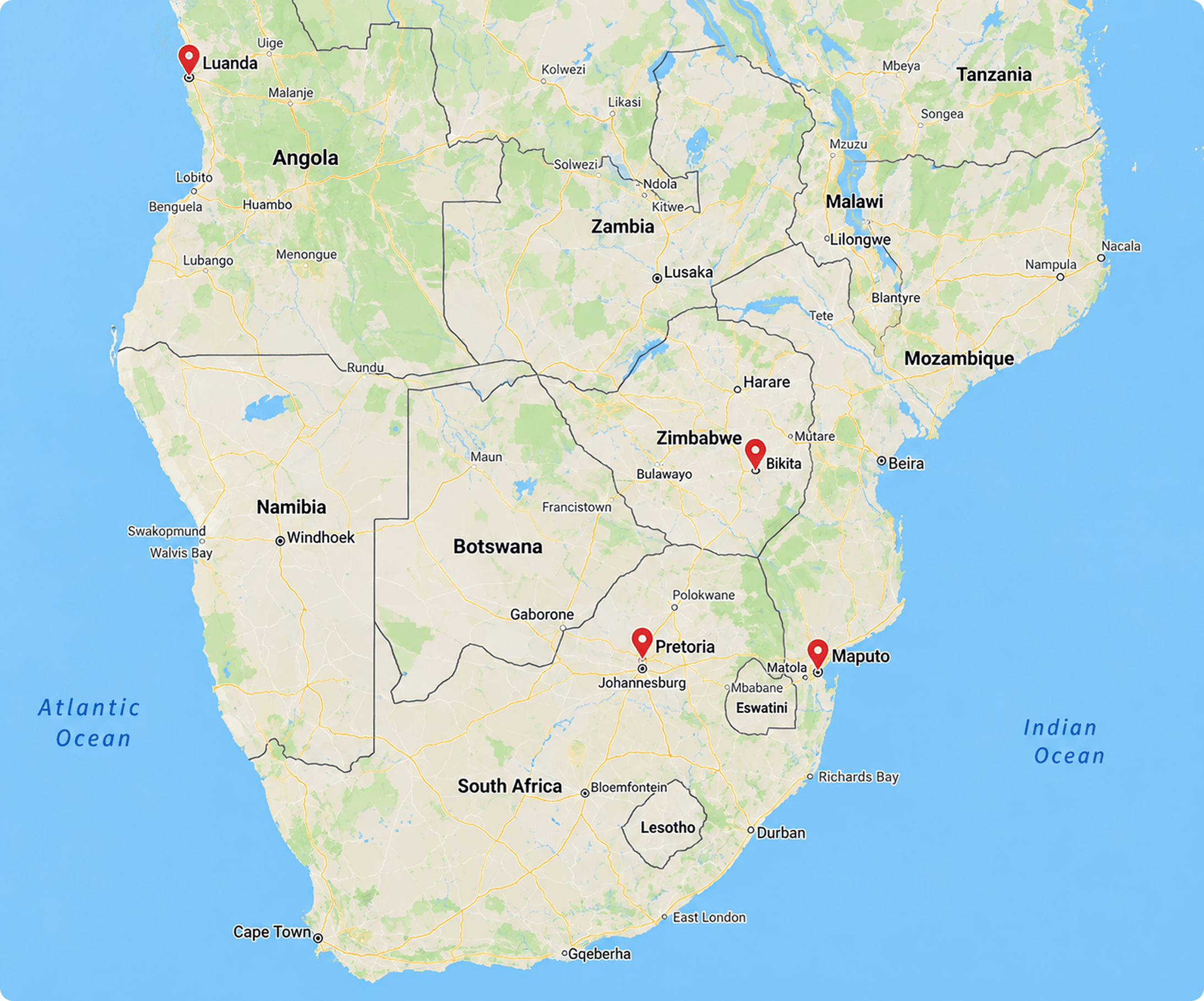 Map of Dipitse Labs factory locations in Southern Africa