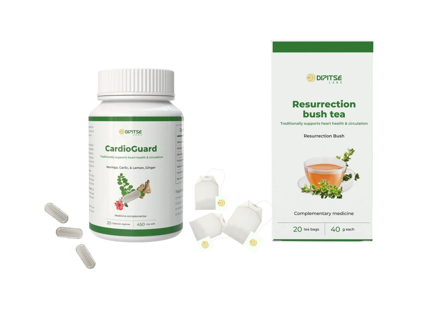 Capsule bottle mockup labeled Manufactured by Dipitse